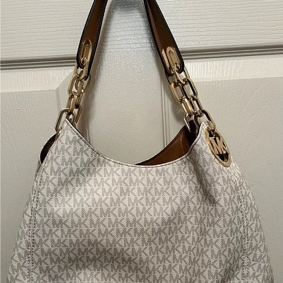 Michael Kors Cream and Brown Logo Shoulder Bag - Picture 2 of 12